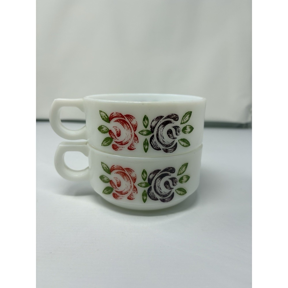 Vintage Milk Glass Stackable Soup‎ Bowls With Purple & Red Flowers Retro Cottage